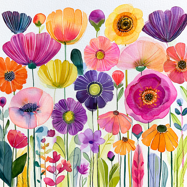 Whimsical Watercolor Flowers in Mari Mekko Style