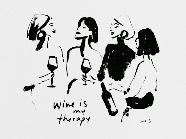 Wine is My Therapy: Elegant Line Art of Friends Enjoying Wine
