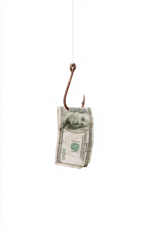 Worn Dollar Bill Dangling from Fishing Hook