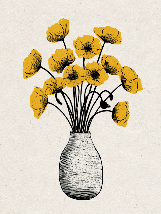 Yellow Poppies in Minimalist Vase Linocut