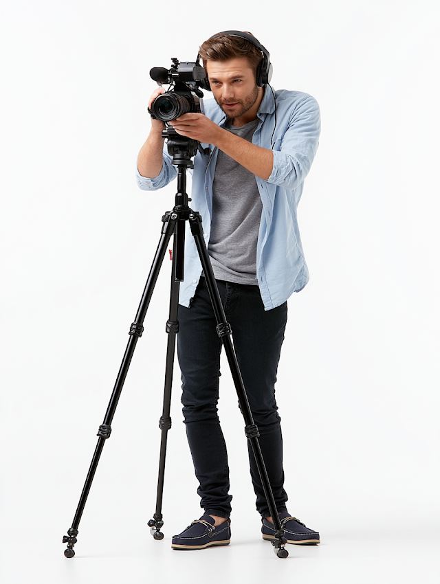 Young Male Videographer Operating Professional Camera